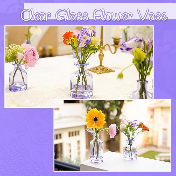 Glass Bud Vases Set of 12, Purple Small Glass Vase for Wedding Centerpieces, Clear Vase in Bulk | Purple Bud Flower Vases for Elegant Floral Displays, Table Decor, Event Styling