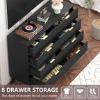 Fluted Dresser for Bedroom,8 Drawer Dresser for Closet,Storage Cabinet and Chest of Drawers with Gold Handle,TV Stand,Storage Organizer for Living Room,Hallway,Entryway,Black