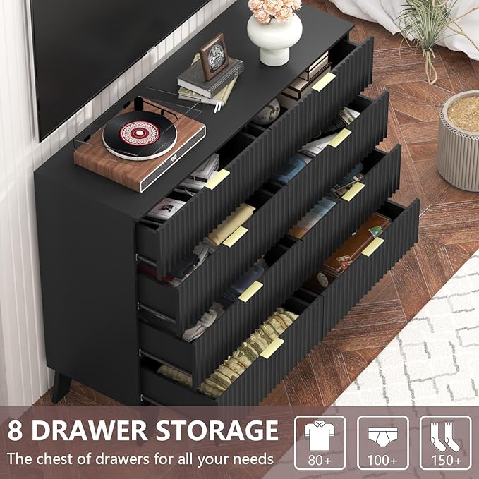 Fluted Dresser for Bedroom,8 Drawer Dresser for Closet,Storage Cabinet and Chest of Drawers with Gold Handle,TV Stand,Storage Organizer for Living Room,Hallway,Entryway,Black