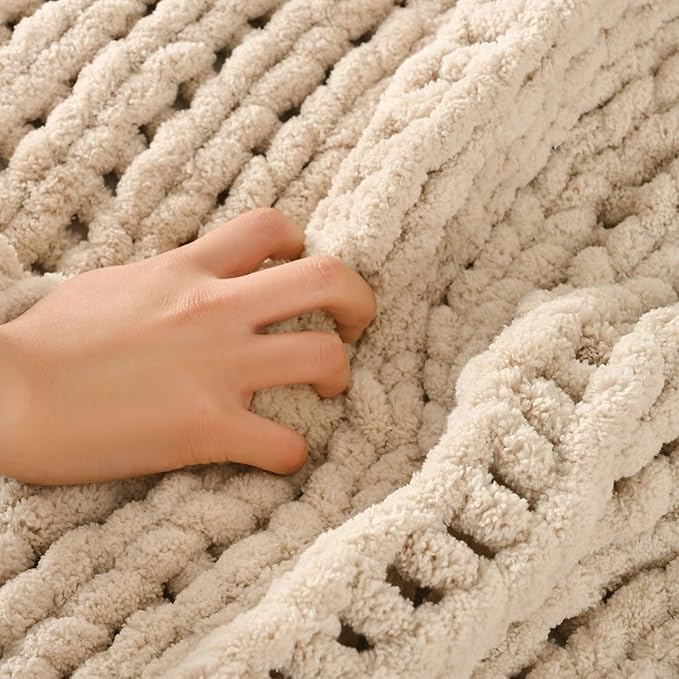 Esterra Chunky Knit Blanket Throw 50"x60", 100% Hand Knitted Chenille Throw Blanket, Cozy Soft Thick Cable Knit Throw Large Rope Knot Crochet Throw Blanket for Sofa Couch Bed, Sandshell/Oatmeal