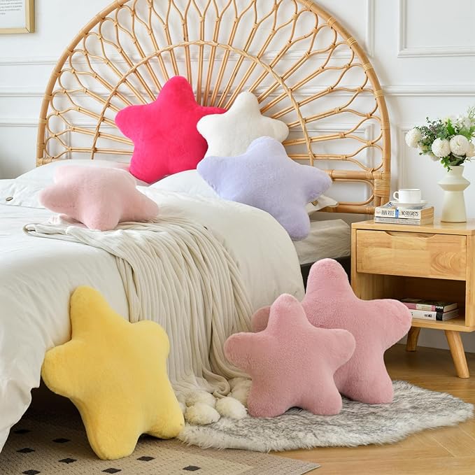 Xiashrk Star Pillow, Decorative Throw Pillows for Bed Couch, 19.6" Star Shaped Pillow Plush Floor Cushions Room Decor Pillow with Soft Faux Rabbit Fur for Sofa Bedroom Living Room