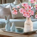 Fake Flower with Vase,3pcs Real Touch Pink Cherry Blossom Flowers in Vintage Ceramics Vase for Home Bathroom Office Desk Party Centerpiece Coffee Table Decor