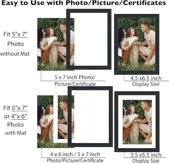 12 Packs 5x7 Picture Frames Bulk, Display 4x6 with Mat or 5x7 Without Mat, Black Gallery Frame Set, 5 by 7 Frames Bulk Set of 12, Collage Wall Decor Photo Frame Set for Wall and Tabletop, Black