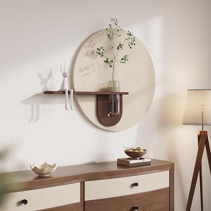 3D Textured Round Minimalist Wall Art with Vase, Neutral Wall Decor with Rabbit Sculpture, Abstract Geometric Artwork with Simulated Plants for Living Room Hallway Dining Room Bedroom Office, 31x24 In