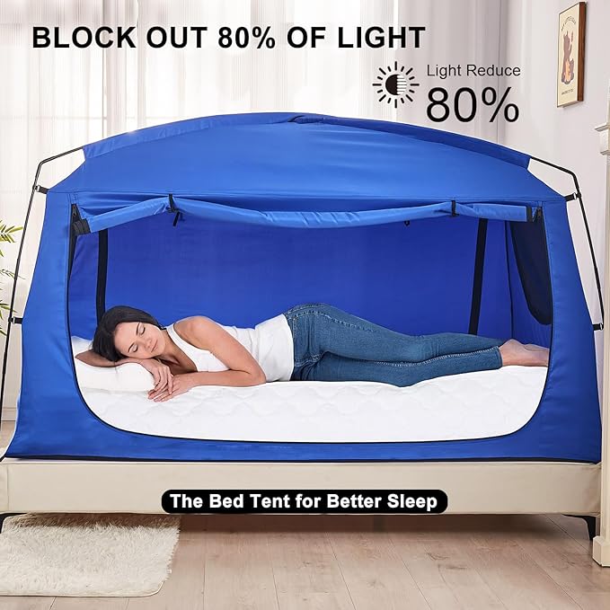 Privacy Blackout Sleep Bed Tent for Adults Kids Portable Bed Canopy Lightweight Breathable Mesh Windows Tents