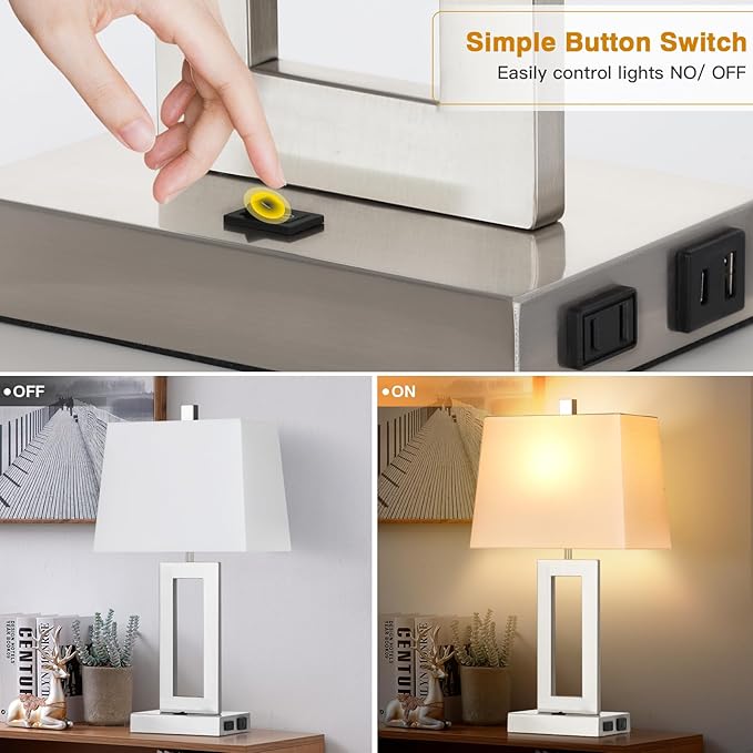 Table Lamp Set of 2 with USB C+A Ports & AC Outlet, Bedside Lamps, Modern Bedroom Lamps, Silver Lamps for Night Stands Bedroom Living Room,Nightstand Lamp