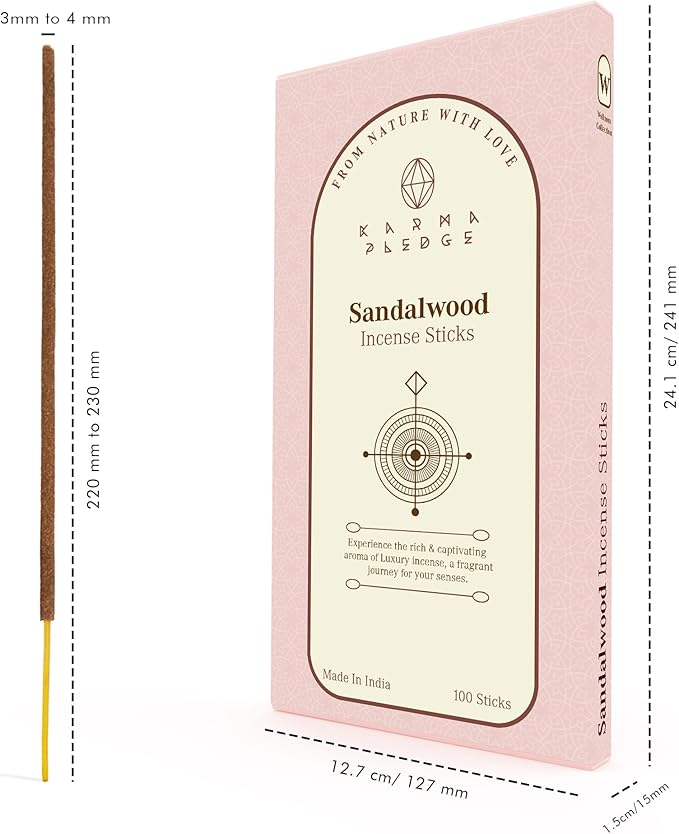 Sandalwood Incense Sticks Hand Dipped 100 Sticks with Natural Herbs & Aromatic Ingredients, Burn Time 45 to 60 Minutes, Incense for Positivity, Yoga, Meditation, Relaxation, Gift for Women