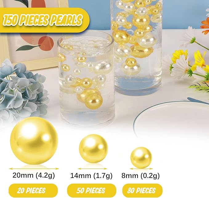 Yellow Vase Filler | 150PCS Pearls Bead for Centerpieces Vases | 8/14/20 mm No Hole Beads, Fake Pearls for Wedding Birthday Easter Theme Party Table Centerpieces Decor