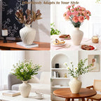 Ceramic Vase - Beige Flower Vase for Home Decor, Boho Farmhouse Minimalist Modern & Wabi Sabi Style Centerpiece with Textured Wave Pattern for for Living Room, Ideal Gift for Housewarming