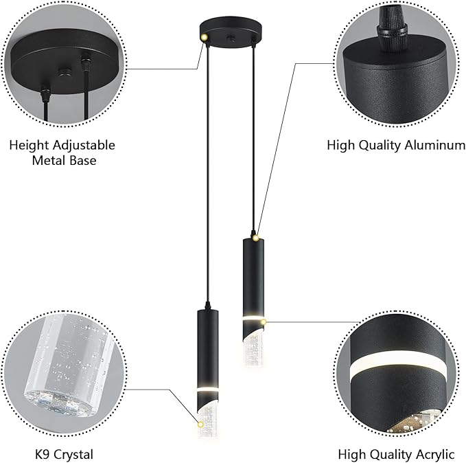Modern Dimmable Led Pendant Lights Kitchen Island, Ideal for Living Room, Bedroom,Sink 12w LED Crystal Energy-Saving Hanging Lamp for Cozy Lighting (Black 2 Light)