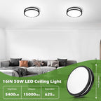 2-Pack 50W Dimmable Flush Mount Ceiling Lights, 16 Inch Black LED Ceiling Light with 5 Color Temperatures in One Selectable, 5400LM Modern Close to Ceiling Light Fixtures for Livingroom Dining Hallway