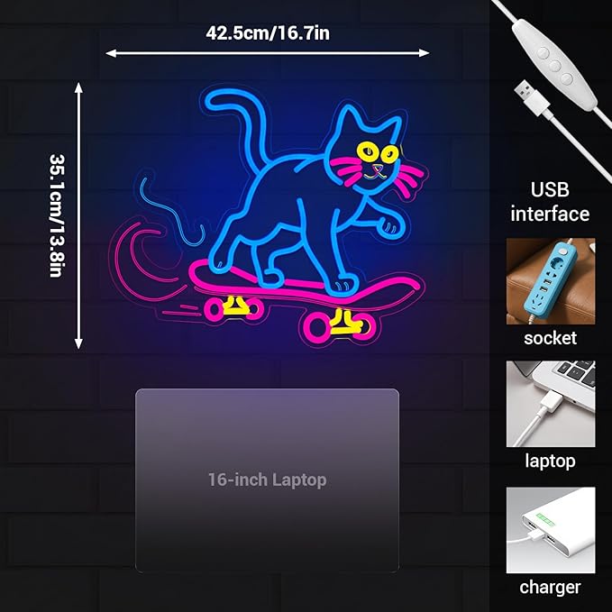 Cute Cat Neon Sign, Skateboard Neon Signs for Wall Decor Dimmable USB Room Decor for Teen Girl, Party, Bedroom, Pub, Furniture, Gifts for Birthday, Christmas (Cool Cat-Blue)