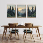 HLNIUC Mountain Forest Sun Framed Wall Art,Large Boho Pine Tree Canvas Wall Decor Set of 3(16”x24”)Ridge Mountain Landscape Picture Prints,Natural Sunset Woodland Wall Painting for Living Room,Bedroom
