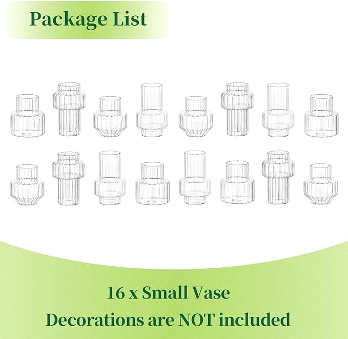 Hewory Ribbed Bud Vases for Centerpieces: Set of 16 Small Clear Glass Vase for Bridal Baby Shower Home Decor - Modern Table Decoration for Wedding & Event Planners
