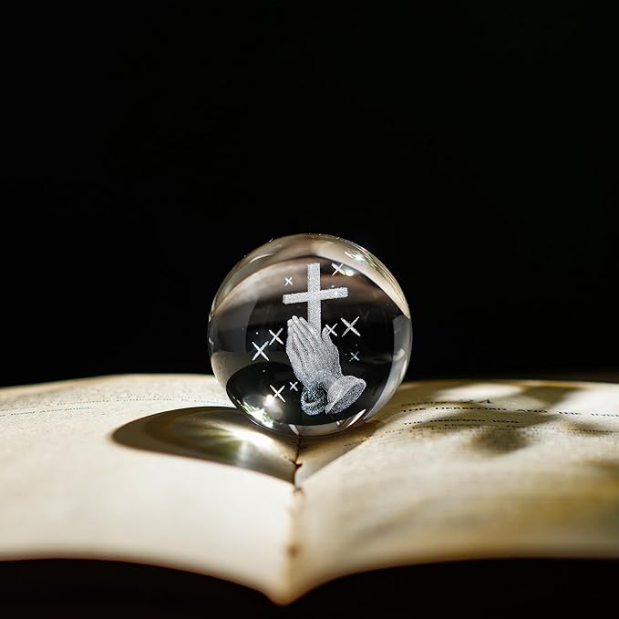 60mm 3D Laser Engraved Hand Holding A Cross Crystal Ball Figurine with Stand Christian Collectible Decoration for Home Office Praying Religious Gifts for Women