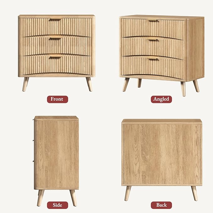 Evermagin 31.5W×29“H Large Fluted Nightstands Set of 2, 3 Drawer Light Wood Night Stand Bedside Table, Mid Century Modern Small Dresser for Bedroom, Natural Oak