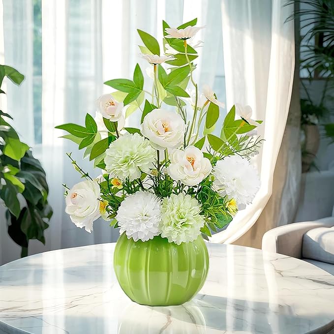 Artificial Flowers, Fake Flowers in Vase, Silk Flowers with Ceramic Vase, Faux Flowers Arrangement for Homes, Restaurants Decoration Dining Table Centerpiece Decor (Green)
