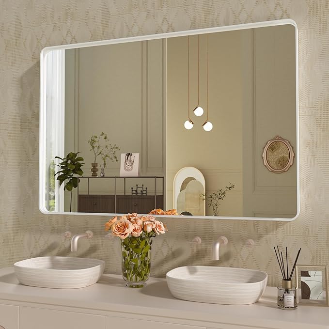WEER White Bathroom Mirror 48X36 Inch, Rounded Rectangle White Metal Frame Mirror, Matte White Bathroom Vanity Mirror with Tempered Glass, Anti-Rust, Hangs Horizontally or Vertically