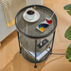 Dulcii Round Side Table with Charging Station, End Table with 3 Shelves for Living Room, Bedroom Nightstand with Steel Frame for Small Spaces, Industrial Round Sofa Table (USB+Grey)