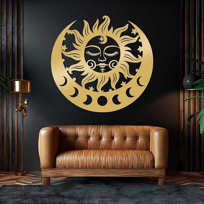 Sun and Moon Metal Wall Decor, Moon Phase Metal Wall Decor, Boho Celestial Wall Art, Celestial Sun Moon Wall Art, Large Sun Face Wall Hanging for Living Room, Outdoor (Black, 38"x35"/96x90cm)