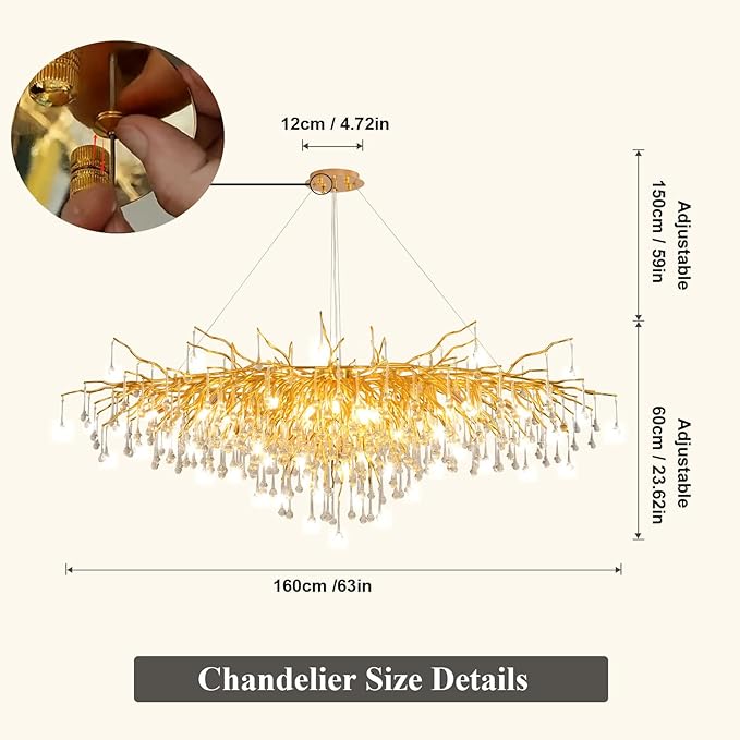 63in Modern Chandeliers, Tree Branch Chandelier Raindrop Crystal Pendant Light Fixtures, Gold Finish Chandeliers Light for Dining Room, Entryway, Living Room, 15-Light