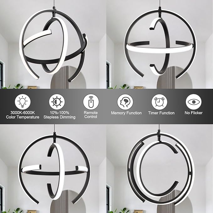 Black Modern LED Chandeliers, Dimmable Globe Pendant Lights Fixture, 13" Metal Adjustable Hanging Lamps are Suitable for Kitchen lsland, Dining Room Bedroom Foyer Hallway Stairway