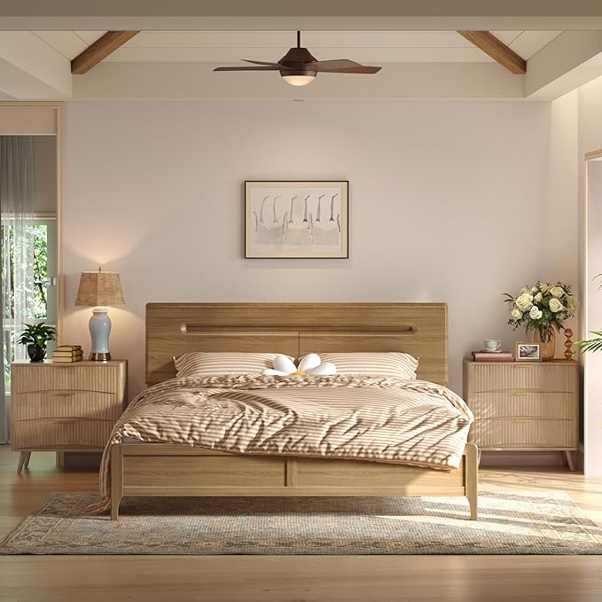 Evermagin 31.5W×29“H Large Fluted Nightstands Set of 2, 3 Drawer Light Wood Night Stand Bedside Table, Mid Century Modern Small Dresser for Bedroom, Natural Oak