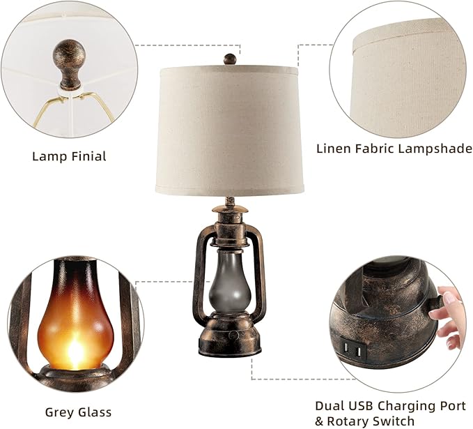 Farmhouse Rustic Table Lamps for Bedroom Set of 2, Vintage Lantern Lamp with Dual USB Charging Ports,25" Retro Antique Bedside Nightstand Desk Lamp for Living Room End Table Entryway, 4 Bulb Included