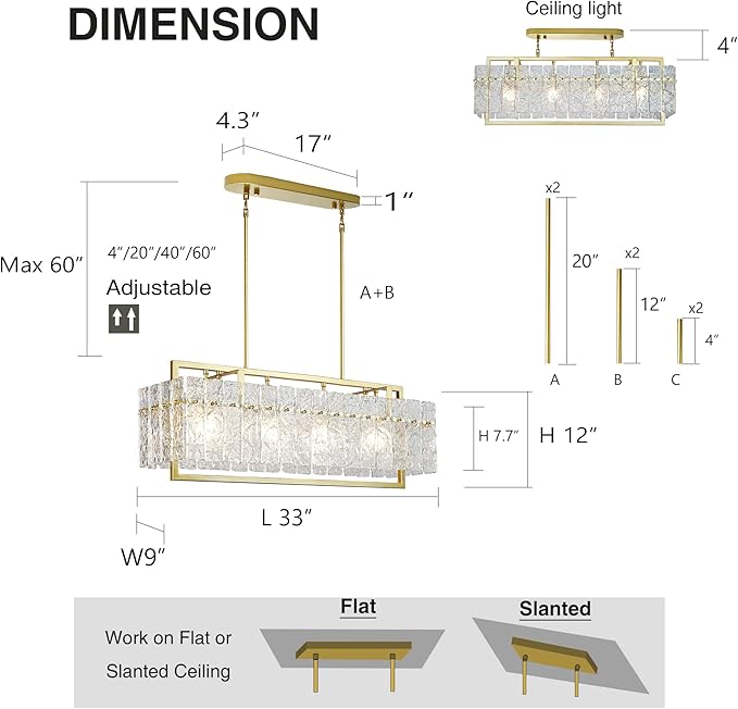 IKK Modern Gold Rectangle Chandeliers for Dining Room, Crystal Water Ripple Light Fixture, Elegant Farmhouse Linear Lighting for Kitchen Island, Bar Table, L33 x W9 x H12