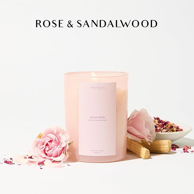 Rose & Sandalwood Scented Candle | Benevolence LA Sun-Kissed Collection | 11oz, 60-Hour Burn | Natural Soy Wax, Cotton Wick | Fall Scented Candles for Home, Elegant Gift – Beach Rose