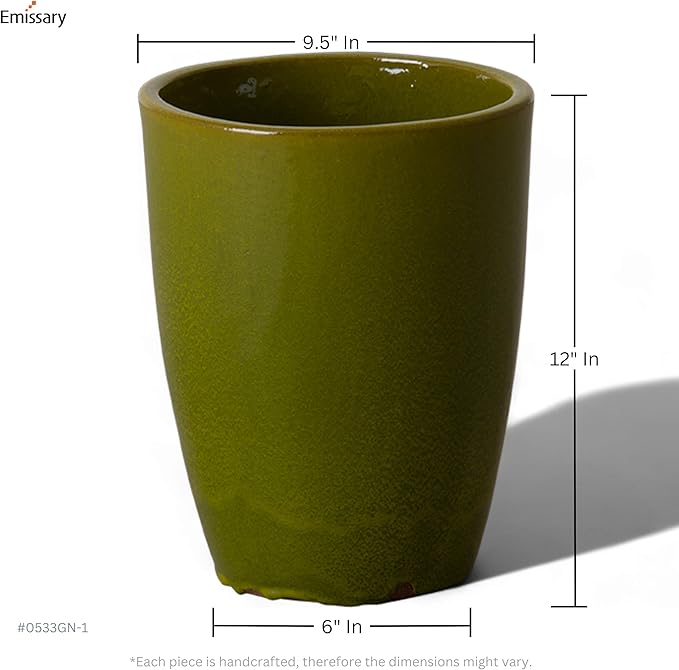 Emissary Bullet 9.5 in. Green Ceramic Round Planter (9.5 in. L x 9.5 in. W x 12 in. H) with Drainage Hole
