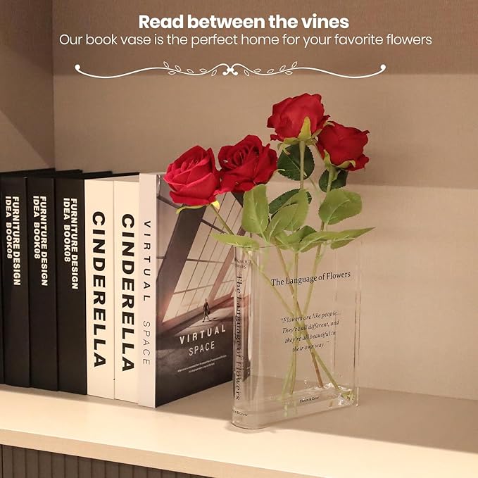 Book Vase for Flowers Home Décor,Artistic and Cultural Flavor Decorative Acrylic Clear Vase for Home and Office,Creative Gifts for Book Lovers. (Transparent)