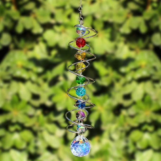 Suncatcher Wind Spinner Gazing Ball Spiral Tail, Crystal Sun Catchers with Seven Chakra Beads Window Hanging for Indoor Home Outdoor Garden Decor Wedding Birthday Party Gifts for Girl Women Mom