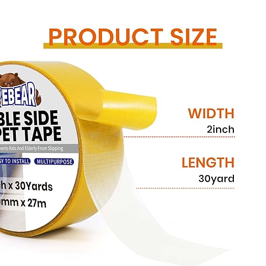 TAPEBEAR Carpet Tape Double Sided 2Inch x 30Yards, Heavy Duty Rug Gripper Anti Slip Anti Curling Floor Tape Residue-Free, Two Sided, Removable, Waterproof for Area Rugs, Mats, Strong Hold for Tile