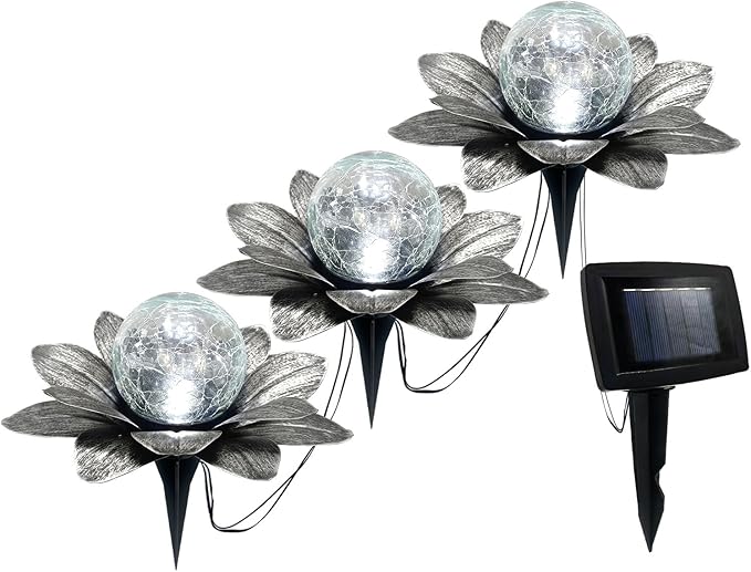LEWIS&WAYNE Solar Garden Lights Outdoor, 3 Pcs Silver Gray Lotus Flower Pathway Lamps with Cool White Crackle Glass Globe Led Lights for Patio Pathway Yard Balcony Garden Decorations