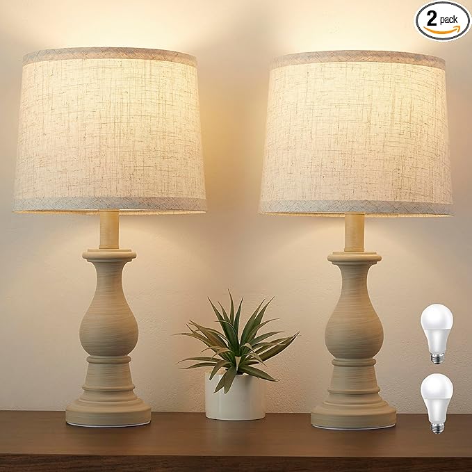Vintage Table Lamp for Living Room Bedroom, 18.5" Farmhouse Bedside Lamps Nightstand Lamp Set of 2, Table Lamps with Oatmeal Linen Lamp Shades, 2 LED Bulbs Included, White Stripe
