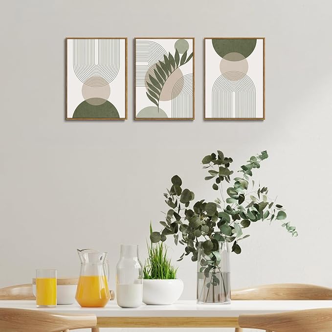 Bwodke Boho Wall Art, Framed Abstract Wall Art, Sage Green Canvas Wall Decor, Mid Century Line Leaf Geometric Pictures Set of 3, Minimalist Paintings, for Bedroom Living Room Bathroom 16"x24"