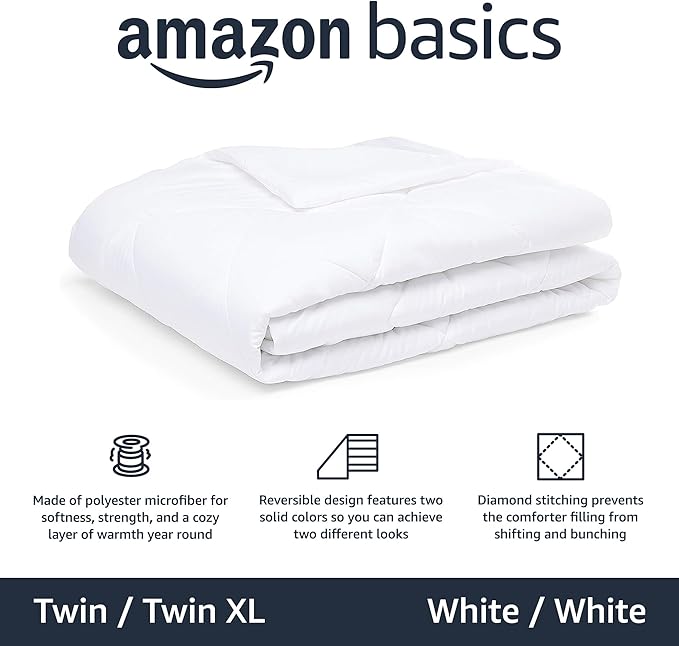 Amazon Basics Comforter Blanket Twin/Twin XL, Reversible Lightweight Microfiber All Season Blanket, White