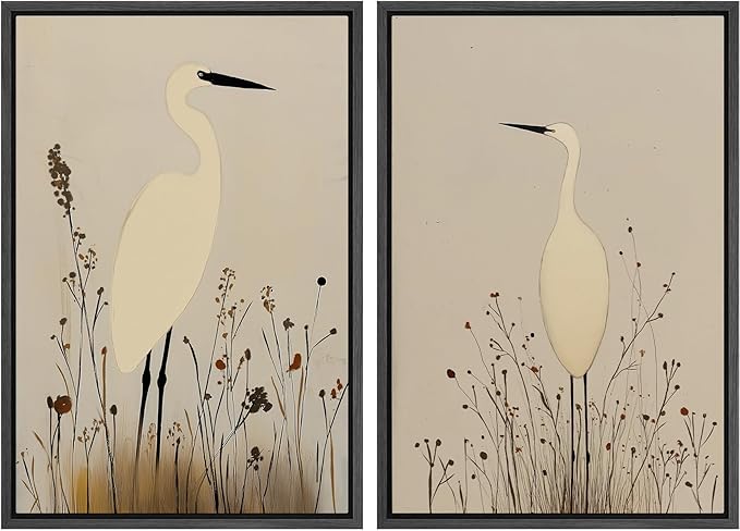 SIGNFORD Framed Canvas Print Wall Art Set Minimalist Heron Art Simplified Shapes in Neutral Tones Illustration Modern Art Decorative Nordic Nature for Living Room, Bedroom, Office - 16"x24"x2 Black