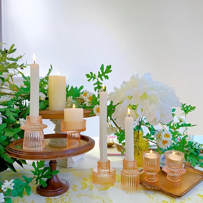 Double Sided Vintage Ribbed Taper Glass Candle Holders,Tea Candle Holder for Table Centerpieces, Wedding Decorations and Dinner Parties (Orange Pink, 6 PCS)