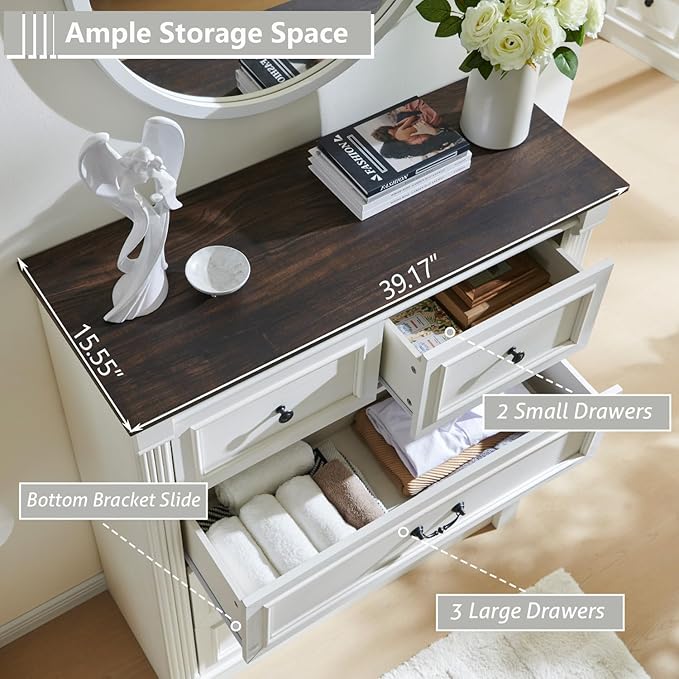 Farmhouse 5 Drawers Dresser for Bedroom, 46" Tall Dressers & Chests of Drawers w/Roman Column, Large Storage Dressers Organizer for Bedroom, Hallway, Living Room, White