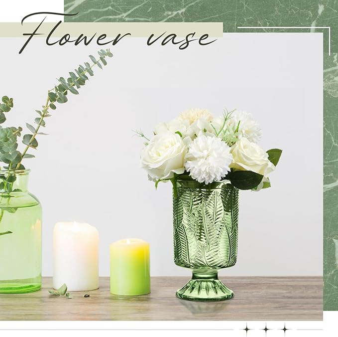 6 Pcs (H:7" W:4") Embossed Flower Vase Fall Pedestal Glass Vase Big Base Thickened Crystal Vintage Vases for Autumn Wedding Home Decor Table Centerpiece House Warming Gifts(Green)