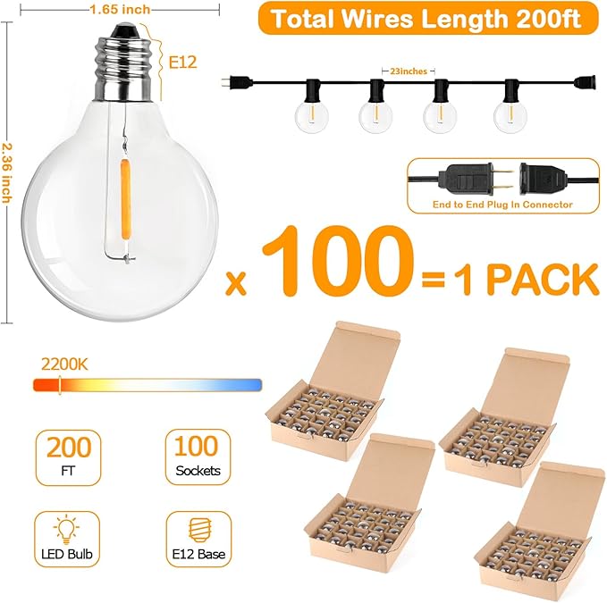 200FT LED Outdoor String Lights with 100+4 Bulbs, Shatterproof Waterproof Patio String Lights for Outside, Connectable 2200K Dimmable Commercial Hanging Light for Christmas Backyard Cafe Garden Bistro