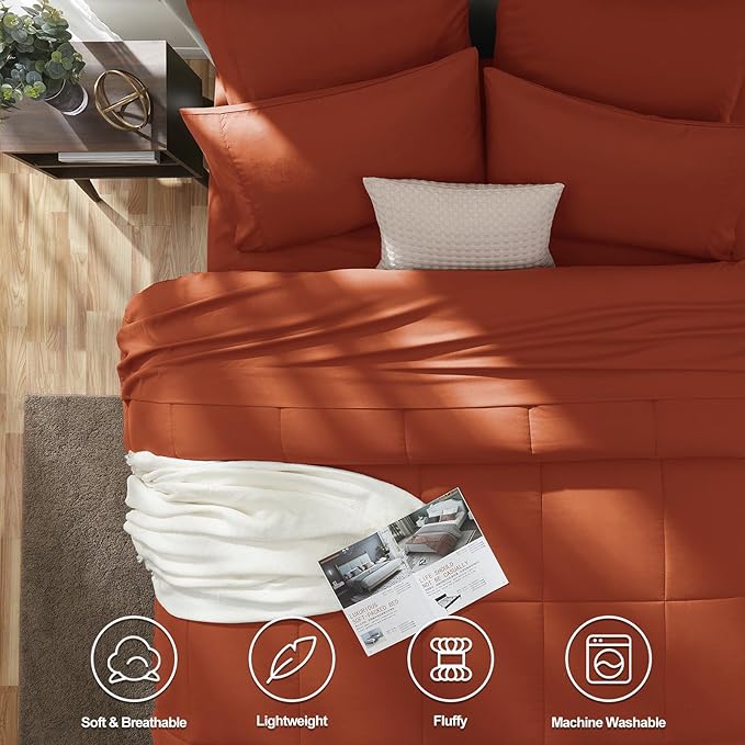 CozyLux King Size Comforter Set Terracotta, 7 Pieces Bed in a Bag, Burnt Orange Fall Comforter King Size, All Season Bedding Sets with Stitch Quilted Comforter, Flat Sheet, Fitted Sheet, Pillowcases