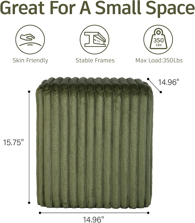 Modern Square Ottoman, Vertical Channel Tufted Foot Stool Ottoman, Velvet Upholstered Vanity Stool for Makeup, Bedroom, Living Room, Dark Green