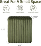 Modern Square Ottoman, Vertical Channel Tufted Foot Stool Ottoman, Velvet Upholstered Vanity Stool for Makeup, Bedroom, Living Room, Dark Green