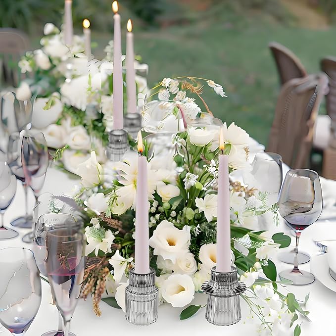 Double Sided Vintage Ribbed Taper Glass Candle Holders,Tea Candle Holder for Table Centerpieces, Wedding Decorations and Dinner Parties (Gray, 3 PCS)