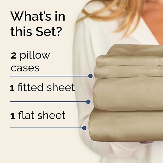 Twin Sheets Set 4 Piece - Includes 2 Pillowcases - Bed Sheets Twin Size - Soft Hotel Luxury Bedding - Cooling, Comfy, Cozy and Breathable - 1 Flat & 1 Fitted & 2 Pillowcases w/ Deep Pockets - Beige