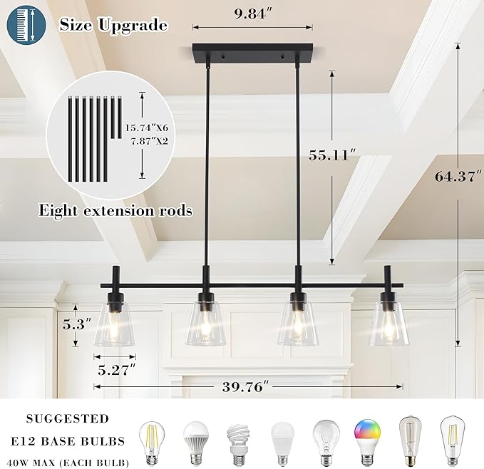 Black Kitchen Island Lighting Linear Chandeliers with Glass Shades Hanging Farmhouse Pendant Light Fixtures for Dining Room, 4 Lights