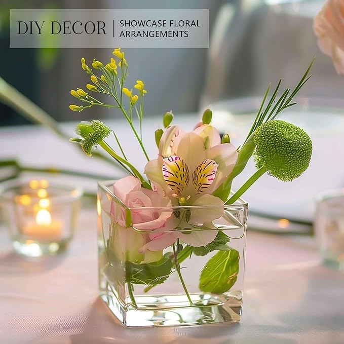 KEYWING 6 Pack Square Glass Vase 4" x 4" x 4", Clear Flower Vases for Centerpieces, Square Glass Cube Vase Candle Holder for Wedding, Party, Home Office Decoration